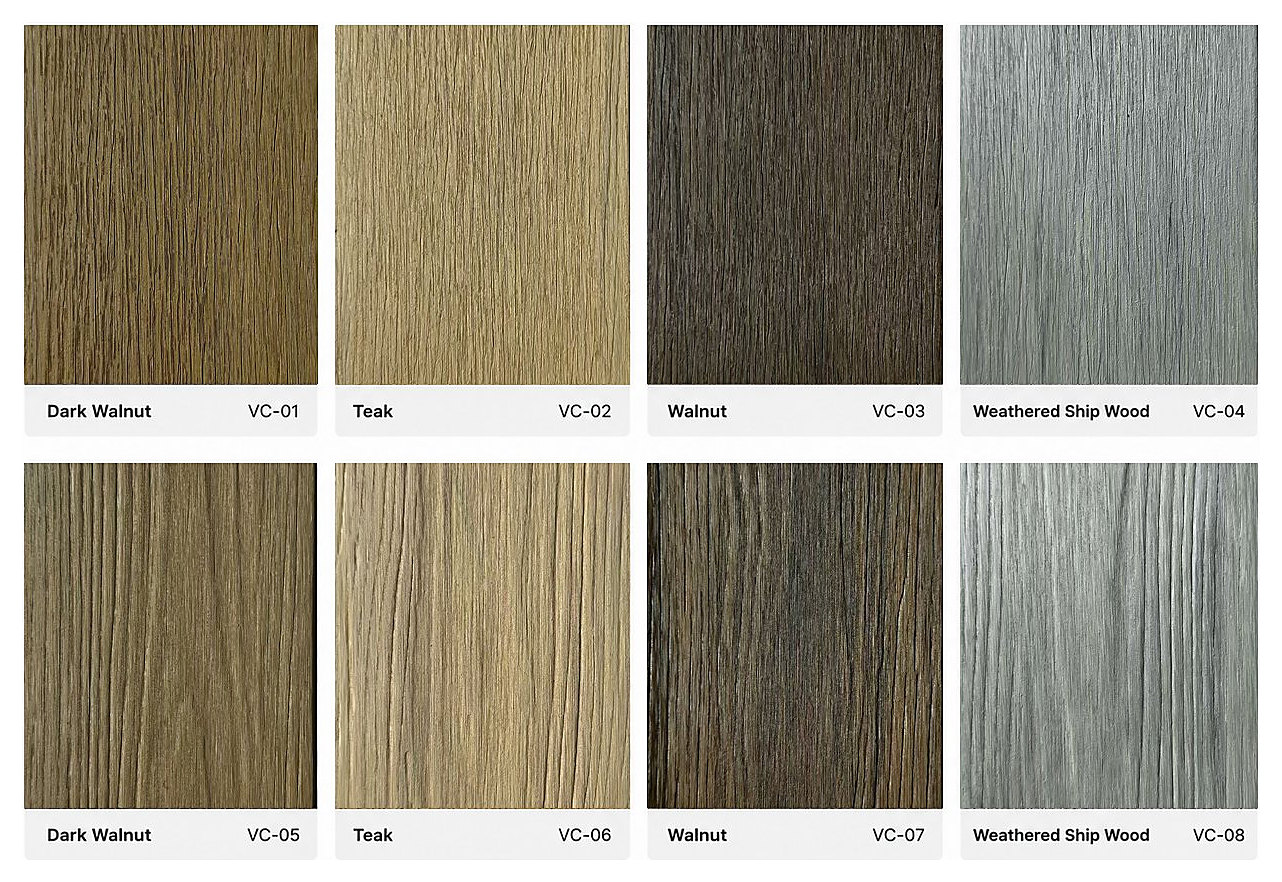 VOCANA decking colour card &mdash; eight co-extruded WPC finishes, codes VC-01 to VC-08: Dark Walnut, Teak, Walnut and Weathered Ship Wood, each in two surface variants