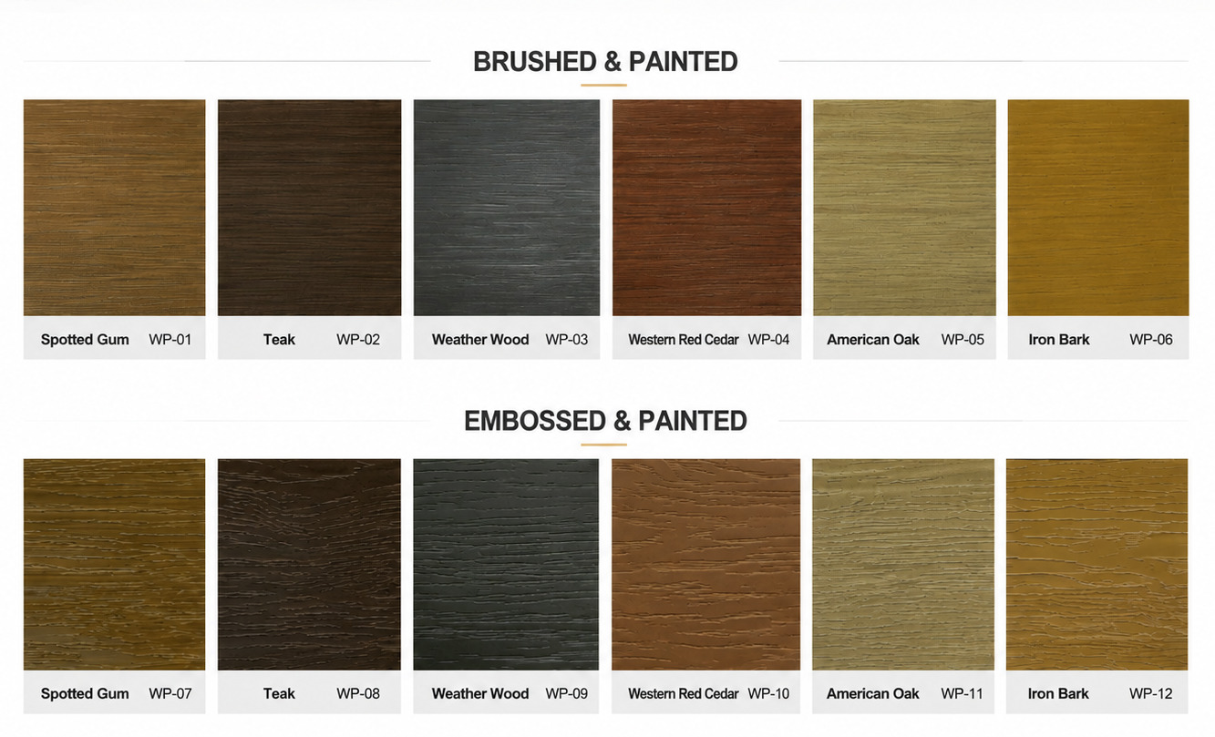 VOCANA wood colour card &mdash; six brushed and painted finishes WP-01 to WP-06 (Spotted Gum, Teak, Weather Wood, Western Red Cedar, American Oak, Iron Bark) and six embossed and painted finishes WP-07 to WP-12